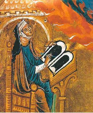 Miniatur aus dem so genannten Lucca-Codex des 'Liber divinorum operum': Hildegard am Schreibpult, um 1220/1230, Biblioteca Statale in Lucca